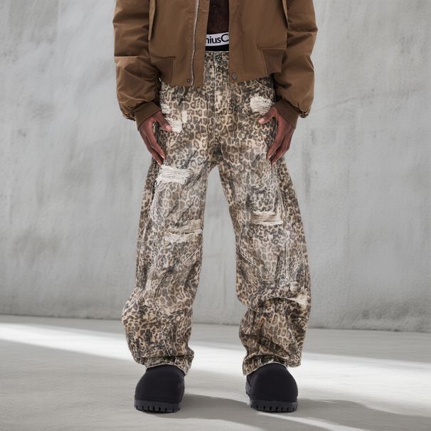 Men's Loose Straight Leg Jeans With Leopard Print & Distressed Details - Streetwear Casual Pants For Trendy Looks_mkmklike.com