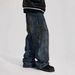 "Retro Streetwear Denim Pants – Loose Straight Fit Jeans With Rivet & Patch Design, Casual Style, Unisex (M-4XL)"_mkmklike.com