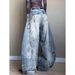American Retro Style Plus-size Washed Distressed Scythe Design Jeans For Women, Street Style, Loose Fit, Slimming,_mkmklike.com