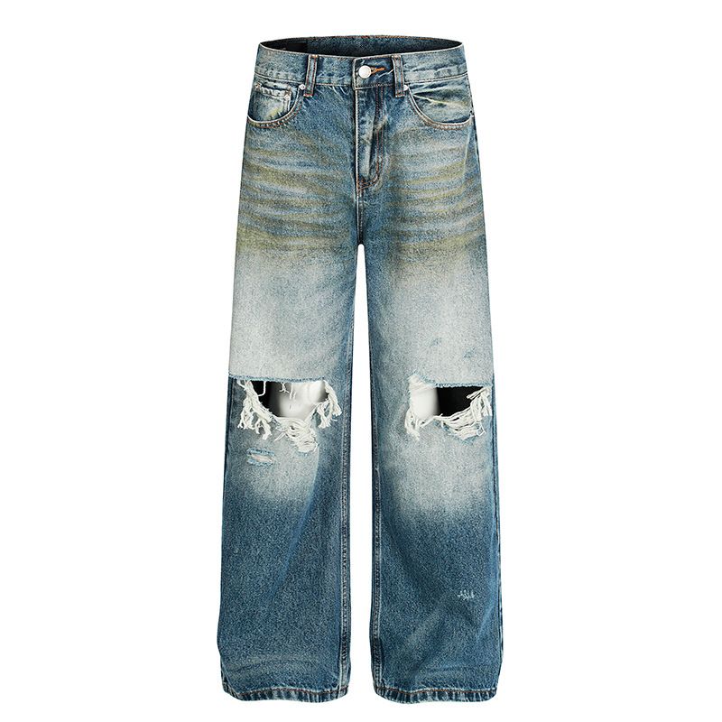 Men's Loose Fit Straight Leg Jeans Distressed Wash Wide Leg Vintage Retro American Style For Men And Women_mkmklike.com