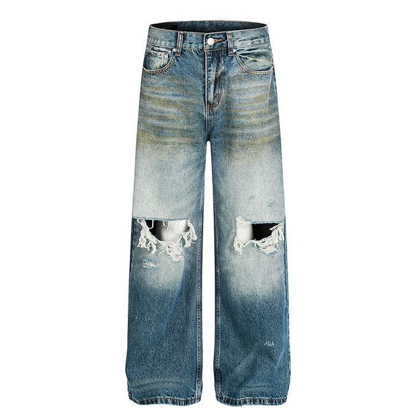 Men's Loose Fit Straight Leg Jeans Distressed Wash Wide Leg Vintage Retro American Style For Men And Women_mkmklike.com