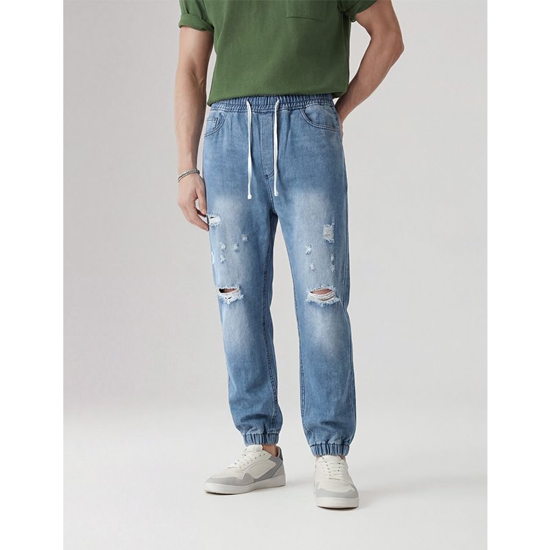 Men's Light Blue Elastic Leg Jeans Pants Slight Stretch Long Trousers Foreign Trade_mkmklike.com