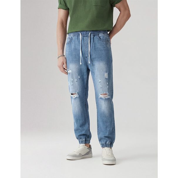 Men's Light Blue Elastic Leg Jeans Pants Slight Stretch Long Trousers Foreign Trade_mkmklike.com
