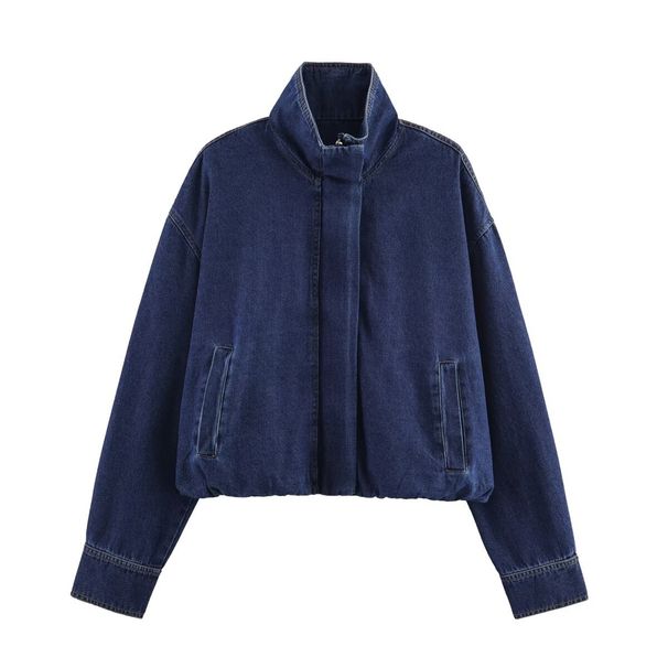 Women's Denim Jacket For Wholesale - Stylish Urban Casual Coat With Round Neck & Long Sleeves (S/M/L, Navy Blue, Polyester Fabric)_mkmklike.com