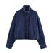 Women's Denim Jacket For Wholesale - Stylish Urban Casual Coat With Round Neck & Long Sleeves (S/M/L, Navy Blue, Polyester Fabric)_mkmklike.com