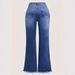 High-Waisted Retro Dark Blue Embroidered Flared Jeans Floor-Length Pants All Seasons Women's Cross-Border Style_mkmklike.com