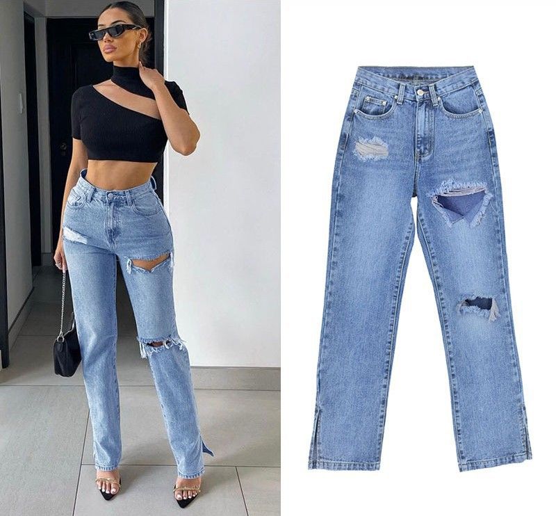 women's high waist slim straight denim trousers floor-length trousers ripped leg slits drape slightly flared trousers_mkmklike.com