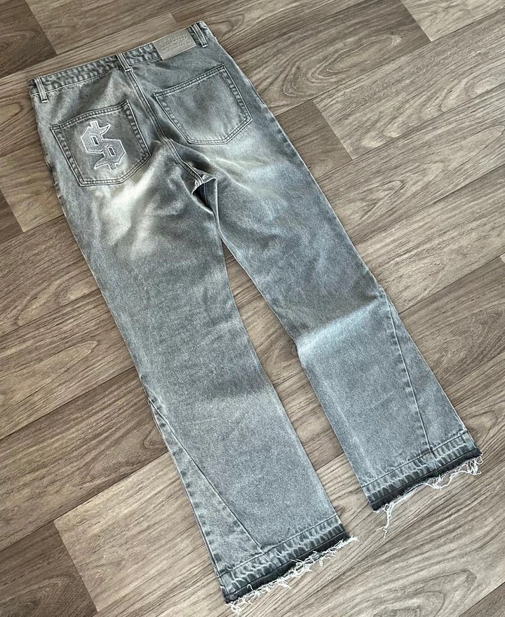 Vintage Washed Distressed Embroidery Jeans High-Street Style Relaxed Straight-Leg Fit For Men & Women Blue Black Cotton_mkmklike.com