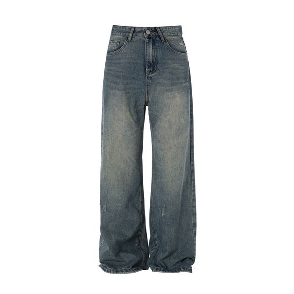 Distressed Washed Denim Floor-Length American High Street Style Men's Loose Casual Straight-Leg Pants With Destroyed_mkmklike.com