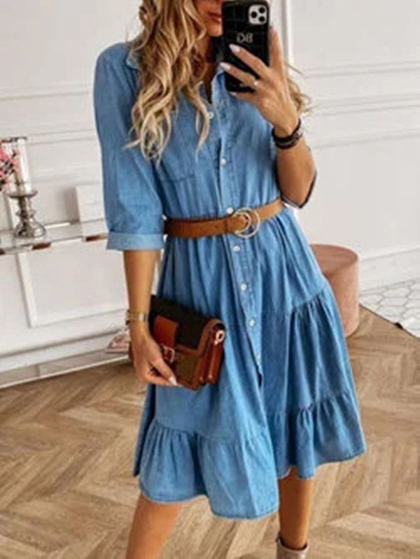 ELLE 2023 Hot Selling European And American Multi-layer Patchwork Waist Slimming Denim Dress_mkmklike.com