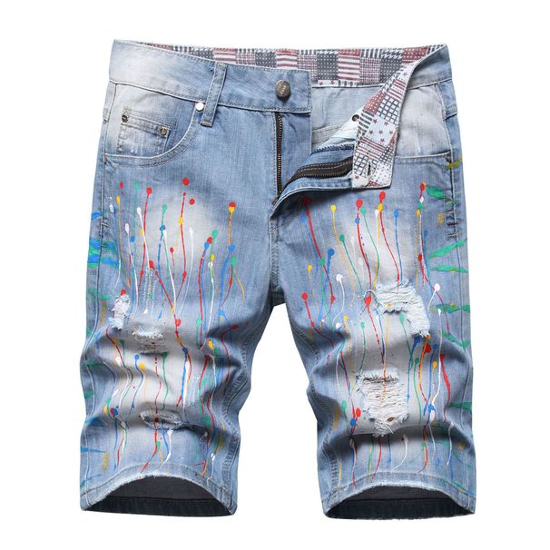 Men's Hip-Hop Spray Paint Washed Denim Shorts - Vintage Distressed Handmade Streetwear For Summer_mkmklike.com
