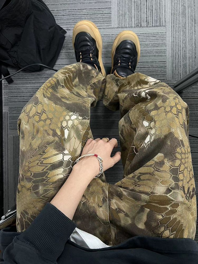 Men's Clothing Retro Canvas Snake Pattern Camouflage Scimitar Pants Heavy Washing Loose Casual Handsome Jeans Men's Trousers_mkmklike.com