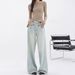 KENH Light Blue Loose Straight Wide-leg Jeans, New Women's Design With Embroidery, Floor-length Pants_mkmklike.com