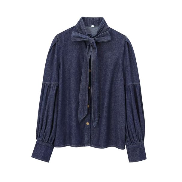 K European And American Style Women's Fashion New Lace Up Bow Denim Shirt_mkmklike.com