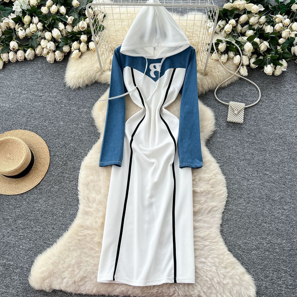 Vintage Denim Patchwork Hooded Dress - Casual Elegant Midi Dress For Women, Slim Fit High Waist, Long Sleeve, Pullover Style_mkmklike.com