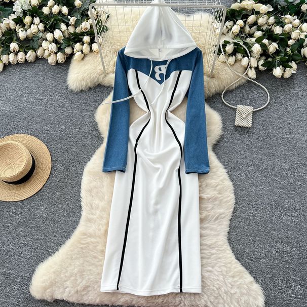 Vintage Denim Patchwork Hooded Dress - Casual Elegant Midi Dress For Women, Slim Fit High Waist, Long Sleeve, Pullover Style_mkmklike.com
