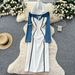 Vintage Denim Patchwork Hooded Dress - Casual Elegant Midi Dress For Women, Slim Fit High Waist, Long Sleeve, Pullover Style_mkmklike.com