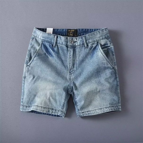 Men's Vintage Washed Denim Shorts - Classic Retro Style, Slim Fit, Mid-Rise, Stretch Comfort (Black, Blue)_mkmklike.com