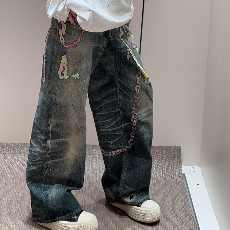 Women's Clothing Retro Large Size Chain Print Jeans Spring Punk Hot Girl Hiphop Hip Hop Mopping Pants_mkmklike.com