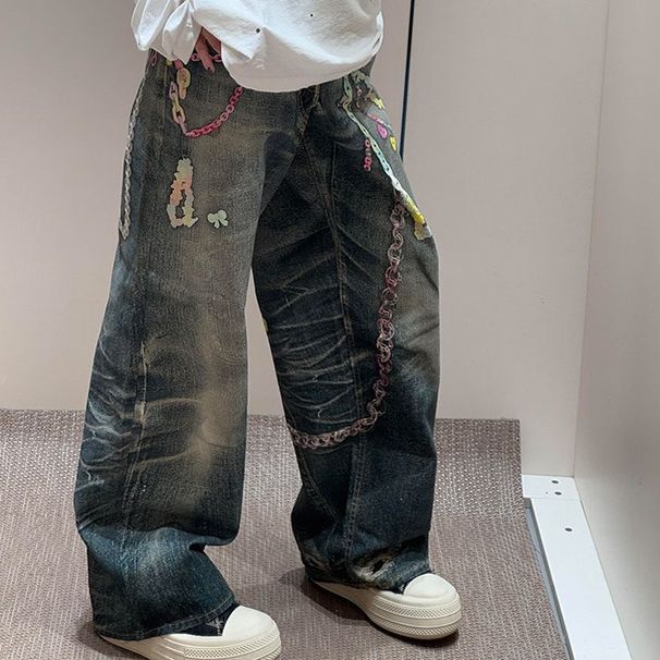 Women's Clothing Retro Large Size Chain Print Jeans Spring Punk Hot Girl Hiphop Hip Hop Mopping Pants_mkmklike.com