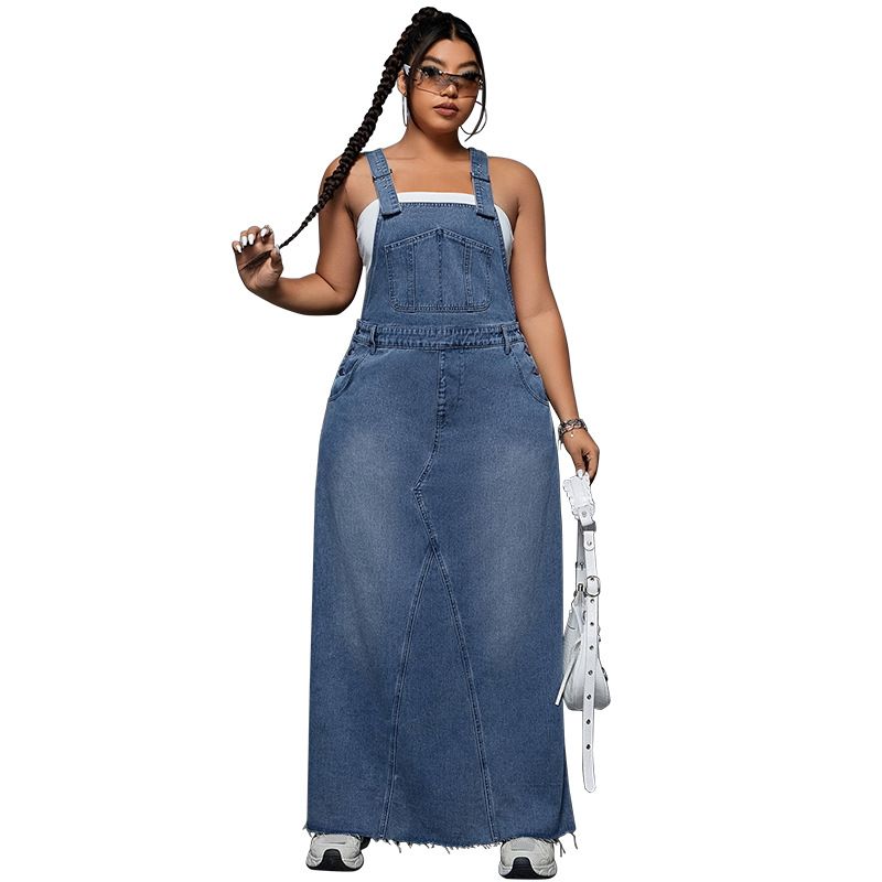 K Large Size Women's New Denim Spicy Style Shoulder Strap Skirt_mkmklike.com