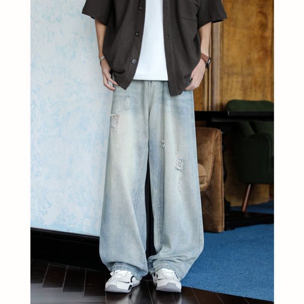 Vintage Washed Ripped Jeans – Cleanfit Straight Leg Denim (Relaxed Drop-Crotch, Summer Breathable Polyester, Unisex Streetwear)_mkmklike.com