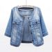 Chicco Korean Version Versatile Stretchy Mid-Sleeve Short Soft Denim Jacket For Women Summer Thin Half-Sleeve Round Neck Small_mkmklike.com