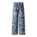 Full Print Five-Pointed Star Faded Washed Denim Straight-Leg Men's High Street Trendy Vibe Distressed Ripped Wide-Leg_mkmklike.com