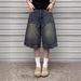 Vintage Washed Denim Shorts for Men Retro Blue Distressed High Street Wide Leg Casual Cargo Capri Pants_mkmklike.com