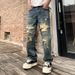 Men's Clothing Trendy Washed Straight Casual Pants Distressed Hole Denim Trousers Ripped Patches Embroidered Jeans_mkmklike.com
