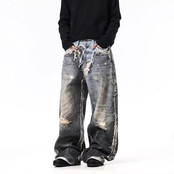 Men's Clothing Men's Style Distressed 3D Printed Faux Leather Two-Piece Set Baggy Street Style Trendy Loose Wide Leg Pants_mkmklike.com