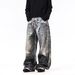 Men's Clothing Men's Style Distressed 3D Printed Faux Leather Two-Piece Set Baggy Street Style Trendy Loose Wide Leg Pants_mkmklike.com