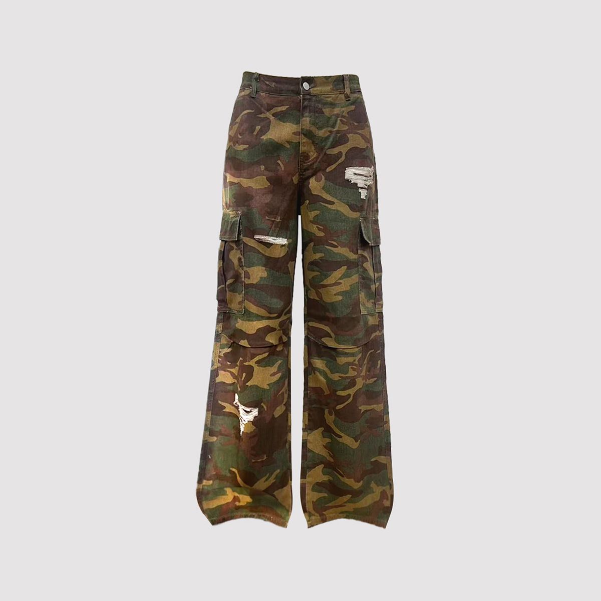Men's Camo Workwear Jeans - Oversized Military Denim Pants With Distressed Details (Camo, S-XXL)_mkmklike.com