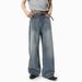 Men's Korean Cleanfit Jeans – Washed Blue Straight-Leg Trousers With High-Drape Wide Hem(S-XL, Mid-Rise, Zip Fly, Unisex Staple)_mkmklike.com