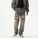 Men's Distressed Patchwork Relaxed Fit Straight Leg Jeans – Vintage American Streetwear Style With Washed & Faded Details_mkmklike.com