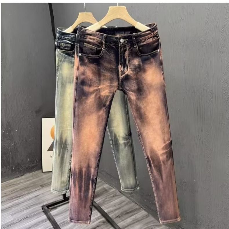 Men's Clothing High End Personality Tie Dye Jeans Men's Fashion Brand Spring And Autumn New Elastic Slim Fit Casual Trousers Trend_mkmklike.com