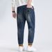 Large Size Men's Spring And Autumn Tide Brand Embroidered Jeans Men's American Retro Elastic Waist Drawstring Ribbed Foot Jeans_mkmklike.com