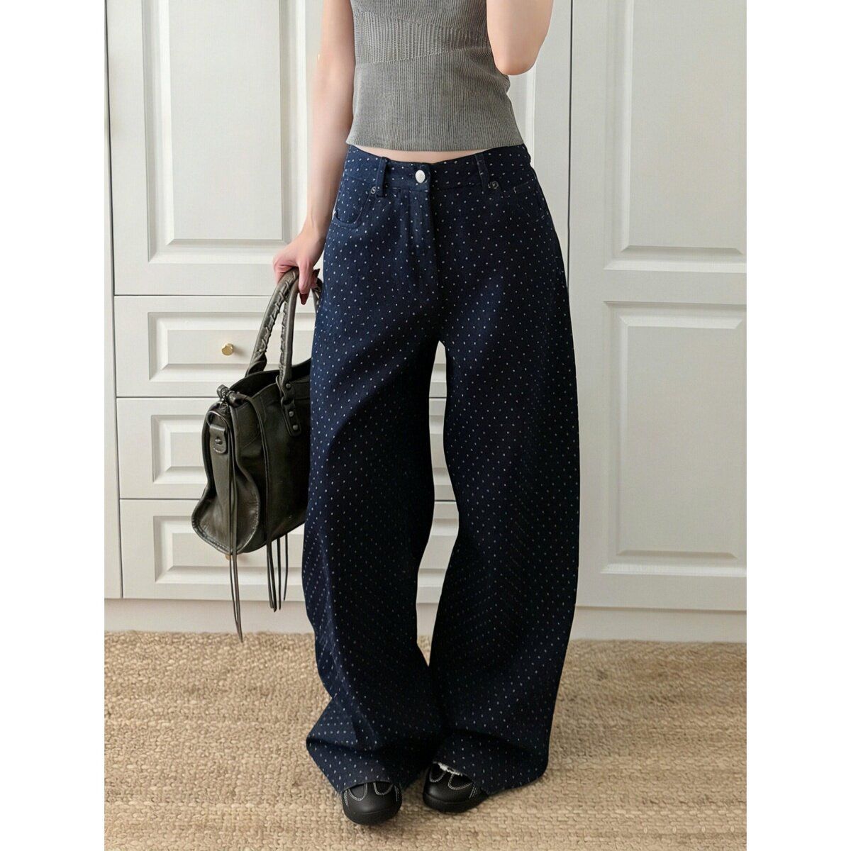 Blue Polka Dot Design Wide Leg Jeans American Style Women's Curved Pants Casual Floor Length Trousers 2026 New Fashion_mkmklike.com