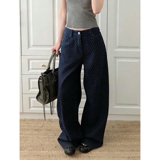 Blue Polka Dot Design Wide Leg Jeans American Style Women's Curved Pants Casual Floor Length Trousers 2026 New Fashion_mkmklike.com
