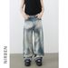 Men's Clothing Denim High Street Vibe Ripped Raw Edge Jeans Men's Trendy Brand Loose Straight Wide Leg Trousers_mkmklike.com