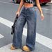 Blue Leopard Print Wide Leg Jeans High Waisted Loose Fitting Floor Length Retro American Style Women's Denim Pants_mkmklike.com
