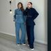 Women's Washed Denim Suit Set - Single Breasted Lapel Jacket & High Waisted Trousers, Loose Fit Casual Outfit_mkmklike.com