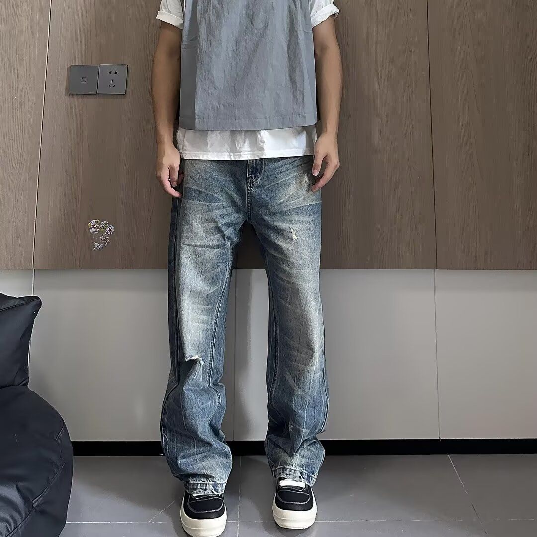 Men's Retro Blue Jeans American Style Summer Washed Distressed Straight Leg Loose Casual Pants_mkmklike.com