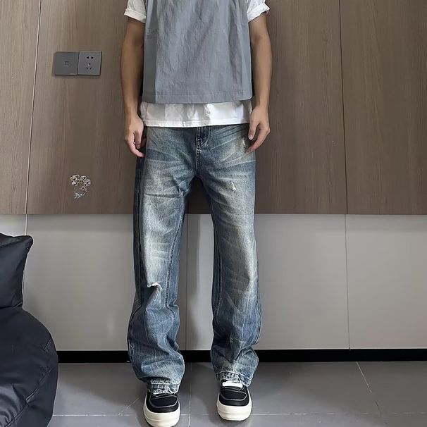 Men's Retro Blue Jeans American Style Summer Washed Distressed Straight Leg Loose Casual Pants_mkmklike.com
