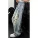Summer Trendy Retro Patchwork Design Ripped Belt Loose Fit Denim Jeans for Women Versatile Casual Style_mkmklike.com