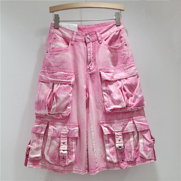 Women's Clothing Multi Pocket Washed Distressed Cropped Denim Shorts For Women Summer Loose Casual Wide Leg Workwear Cropped Trousers_mkmklike.com