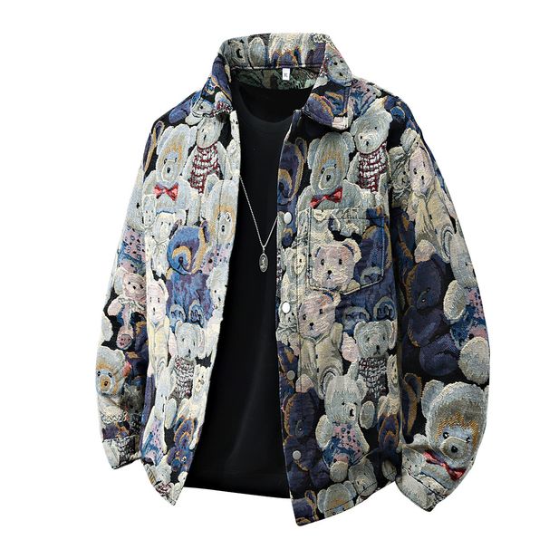 Men's Clothing Bear Jacquard Men's Jacket Spring And Autumn Design Full Print Hidden Button Cardigan Niche Handsome Couple Outfit Jacket Men_mkmklike.com
