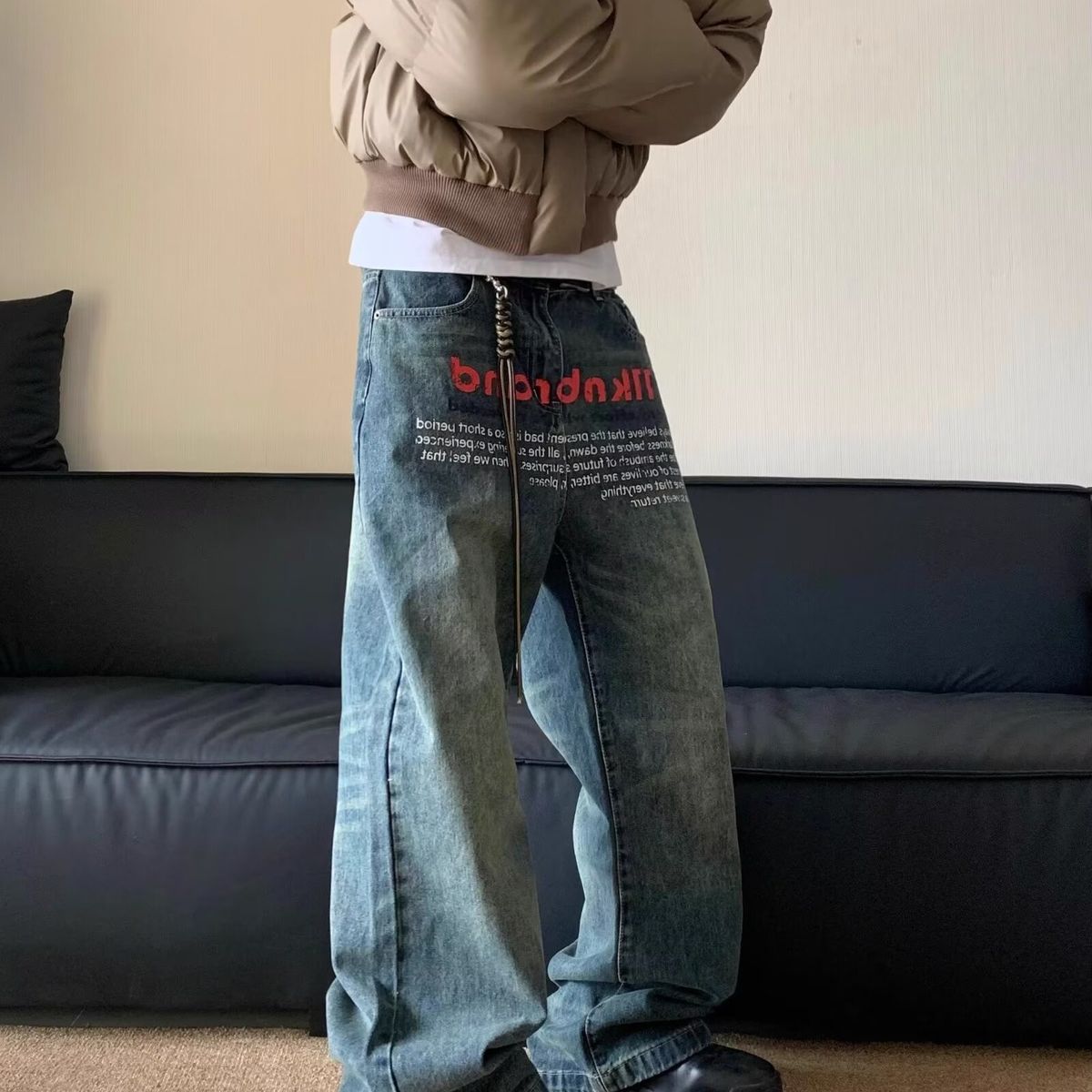 Retro Washed Distressed Men's Jeans - Loose Fit Straight Leg With Letter Print, Slightly Flared For Trendy Style_mkmklike.com