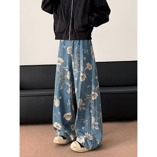 Men's Clothing Retro High Street Style Floral Jeans Straight Leg Loose Fit Wide Leg Floor Length Pants For Men And Women Spring Autumn_mkmklike.com