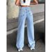 Blue Snowflake Wide Leg Long Hem Jeans Low Rise Small Size Women's Denim Trousers_mkmklike.com